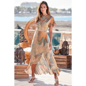 Lascana Printed Side Slit Maxi Dress Size 10 Orange Multicolor Ruffles Flutter